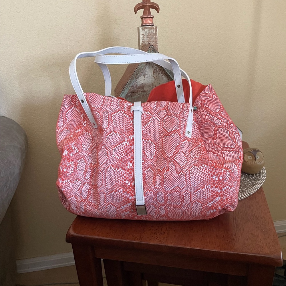 Stylish CORAL / White Reversible Purse / Satchel